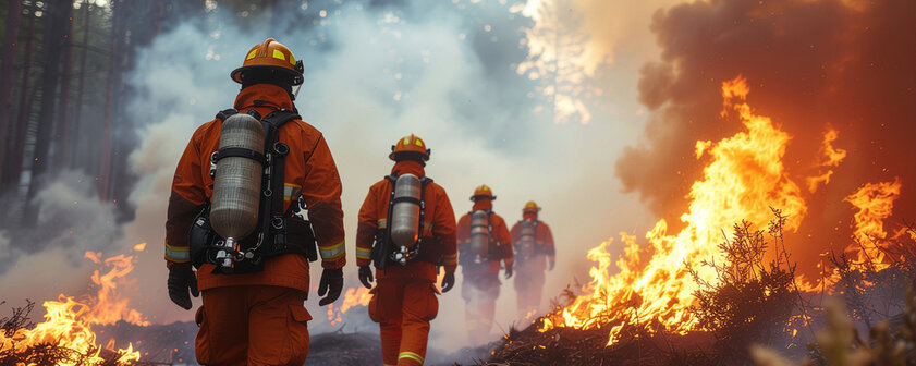 Firefighters walking through burning forest